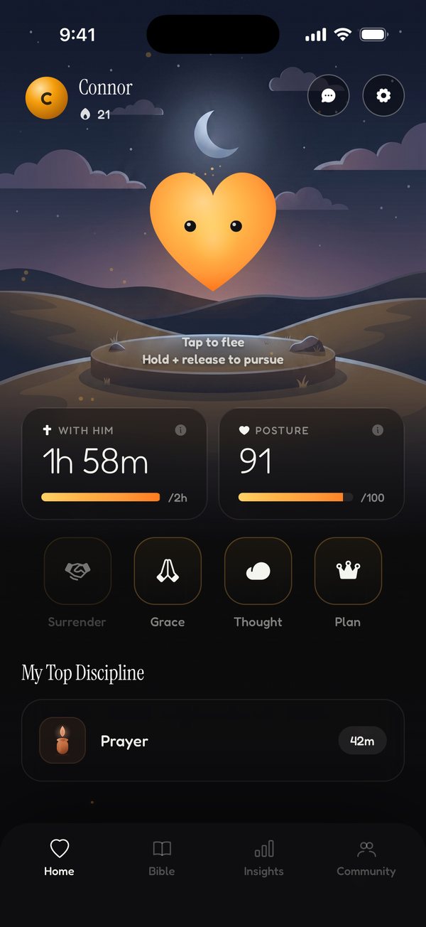 Home: tap to flee, hold to pursue, and your heart posture